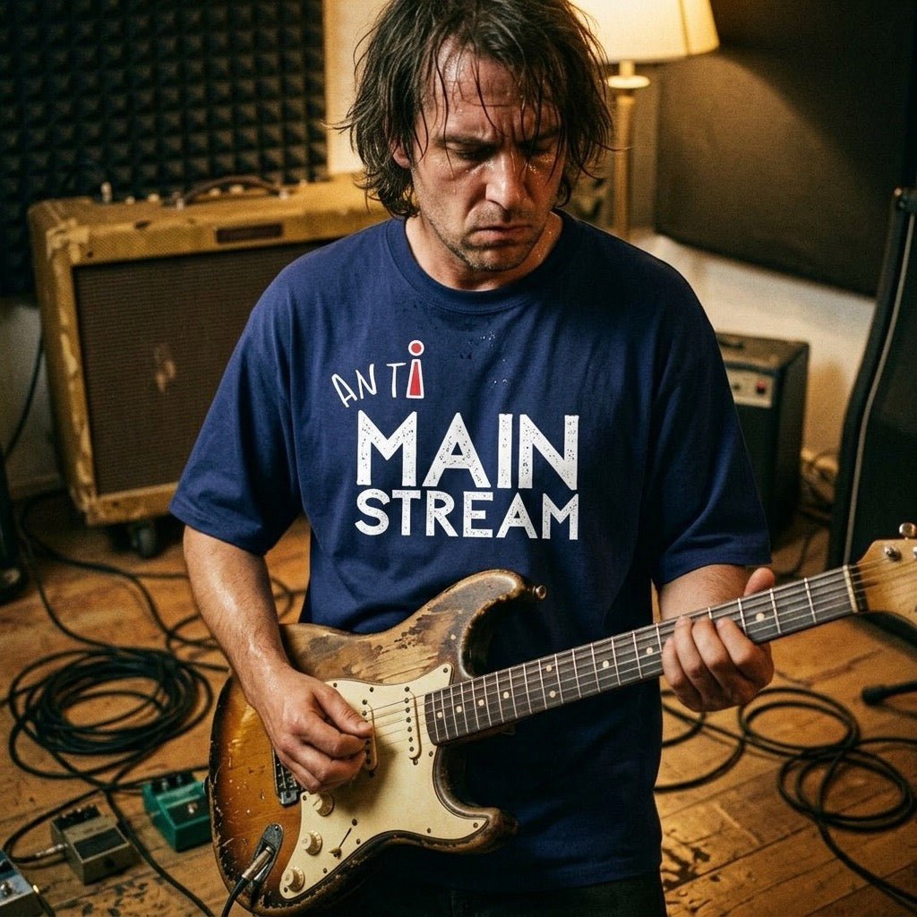 Man playing guitar in a studio wearing an 'Anti Mainstream' t-shirt
