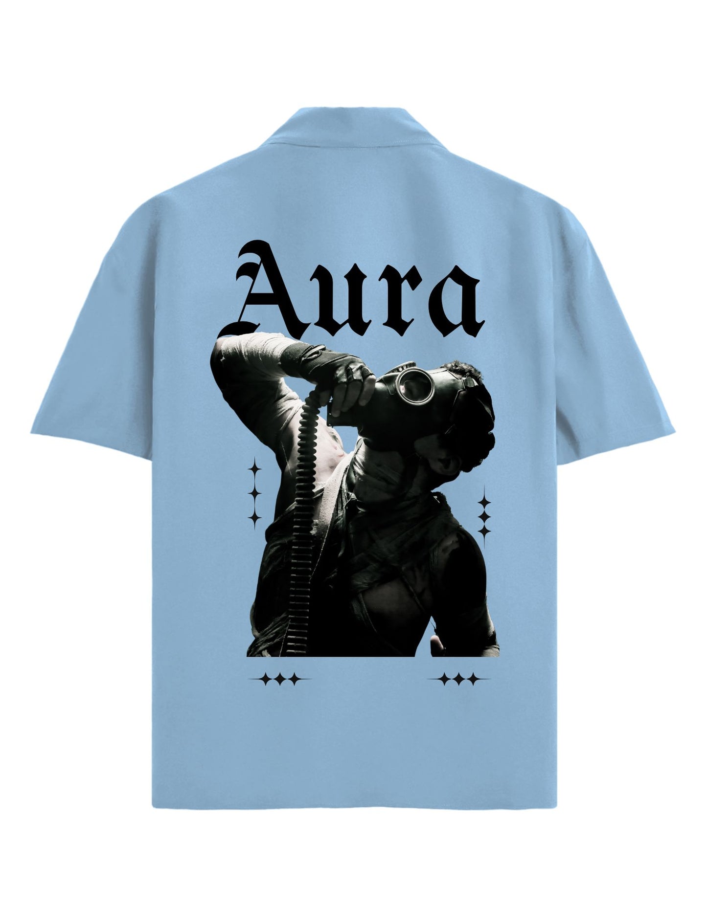 Light blue polo shirt with 'Aura' design on the back featuring a person in a gas mask.
