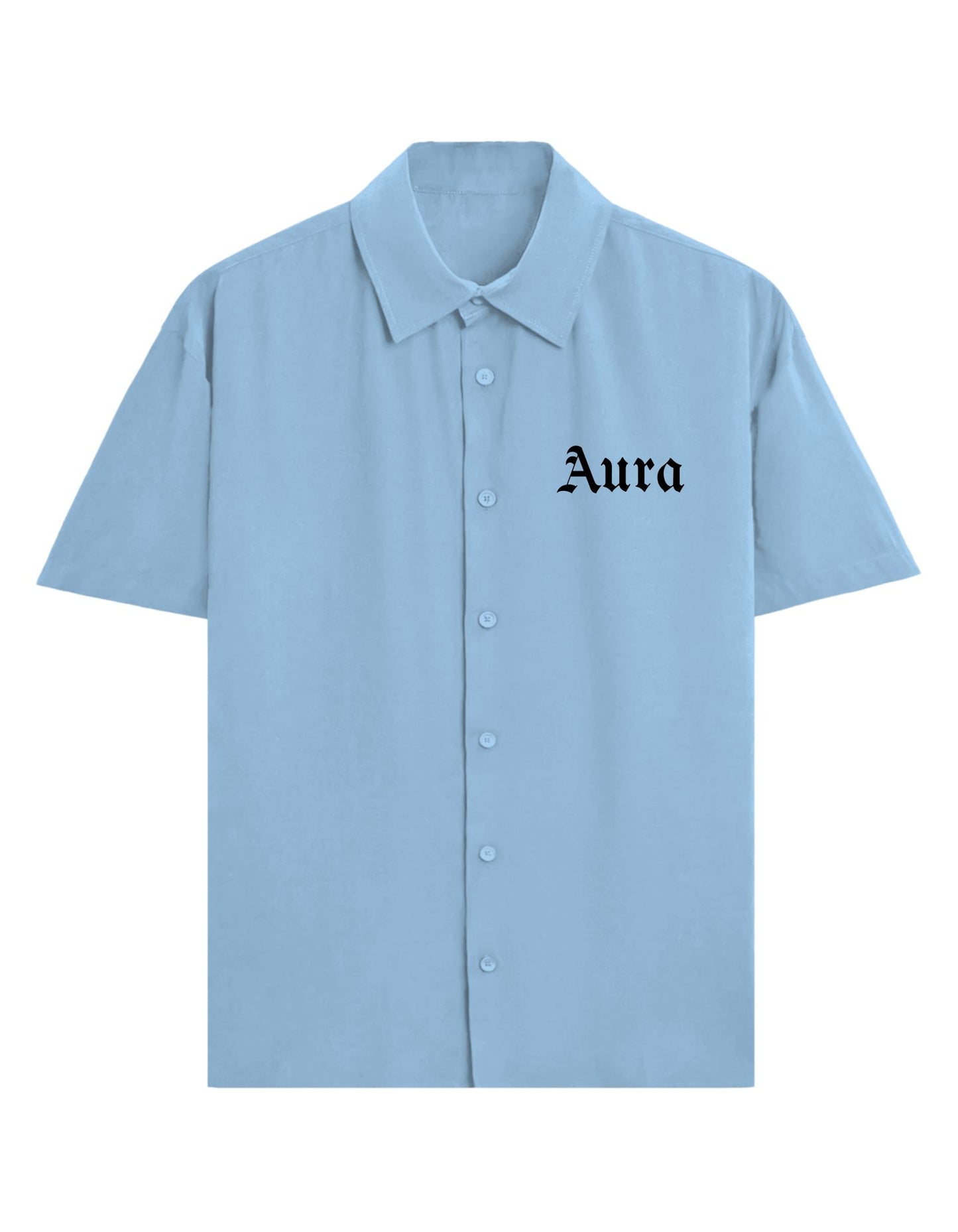 Light blue shirt with 'Aura' text on a white background