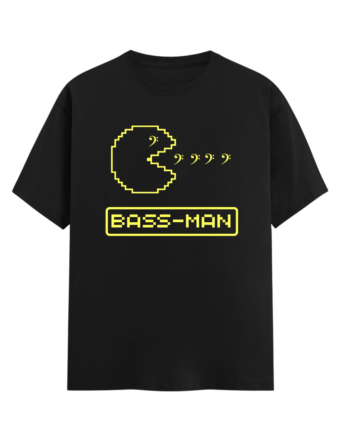 Black t-shirt with yellow pixelated design and 'BASS-MAN' text on a white background