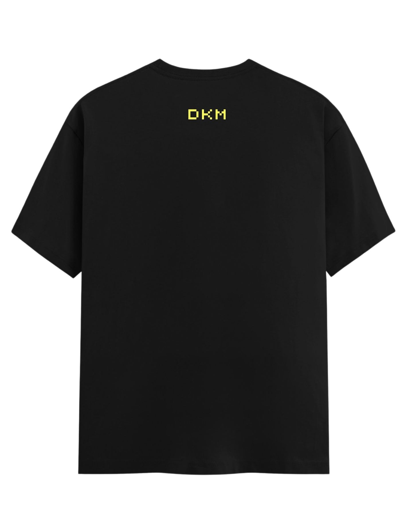 Black t-shirt with yellow DKM logo on the back against a white background