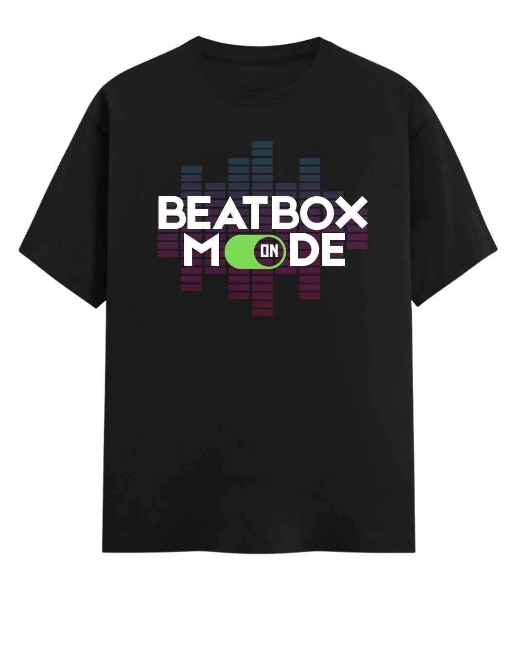 Black t-shirt with 'Beatbox Mode On' text design on a white background