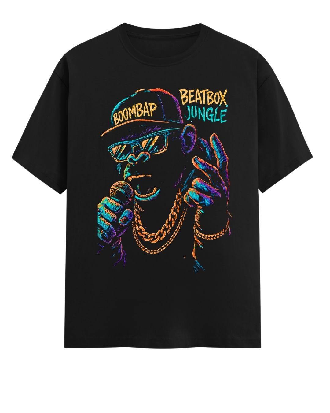 Black t-shirt with colorful graphic of a monkey wearing sunglasses and a 'Beatbox Jungle' cap on a white background.