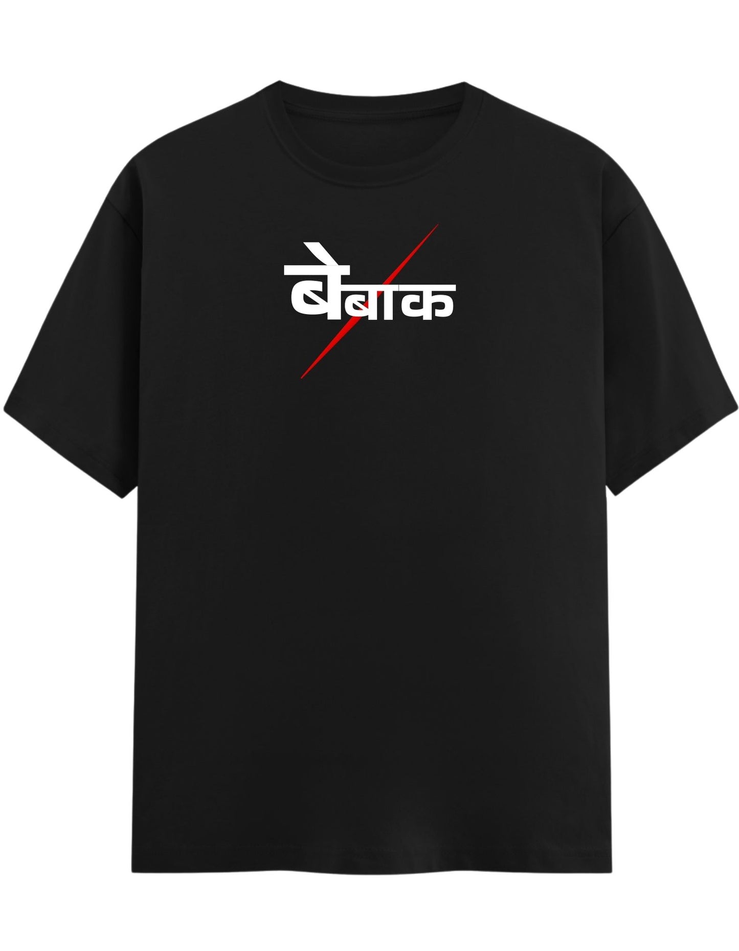 Black t-shirt with white and red text on a white background