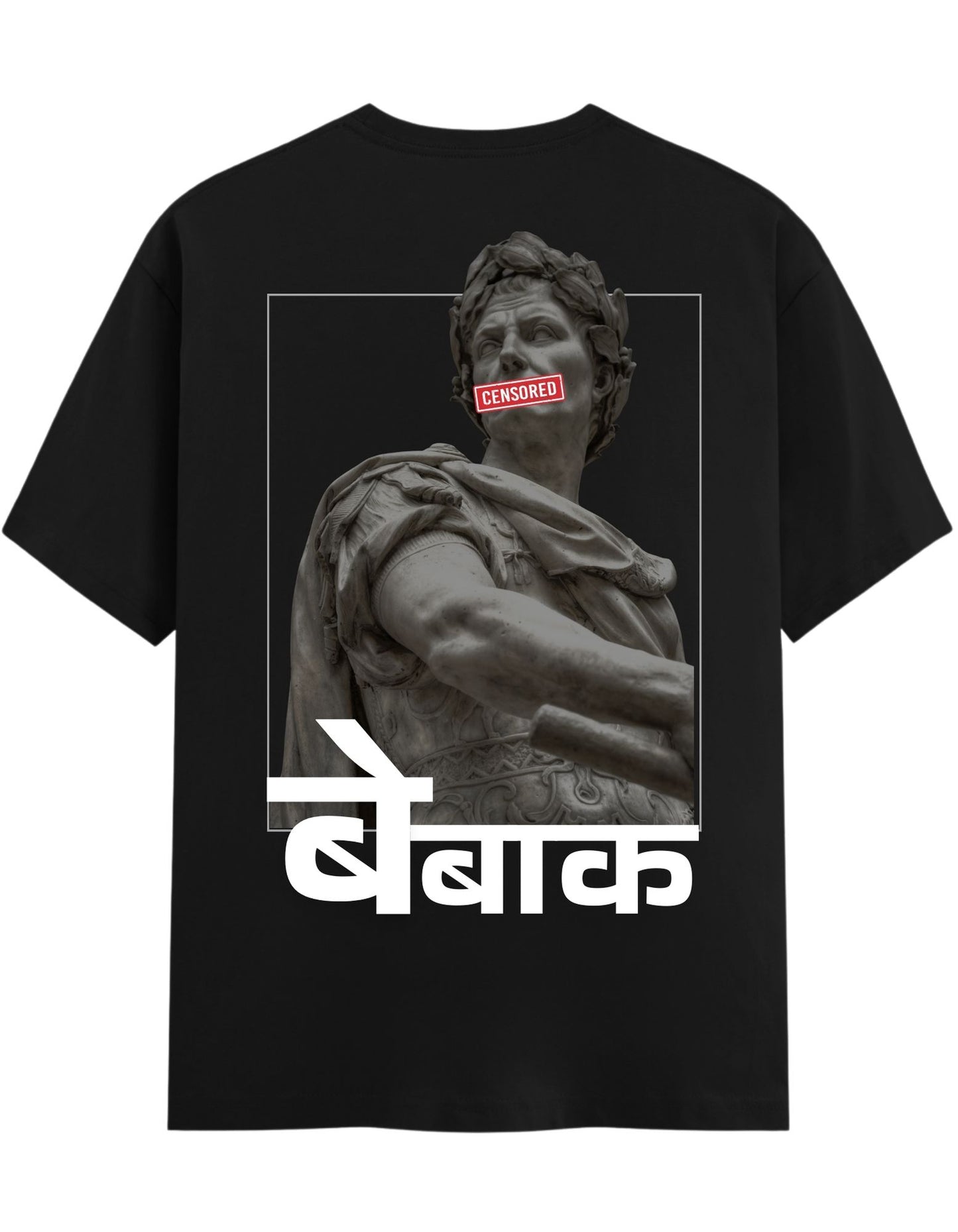 Black t-shirt with a statue graphic and Bebaak text on the back, featuring a 'CENSORED' label on Greek Figure