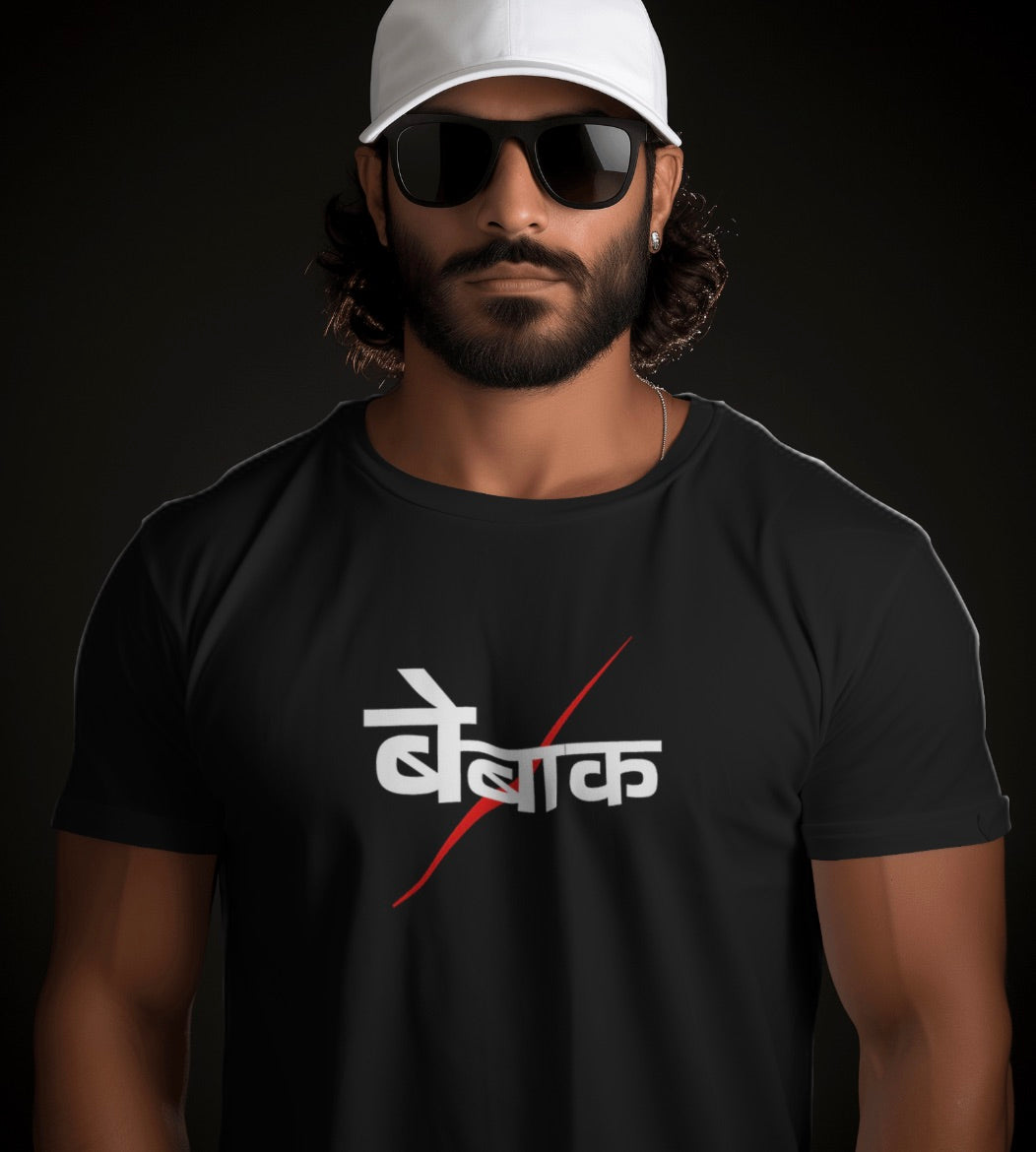 Man wearing a black t-shirt with a logo and text, white cap, and sunglasses on a dark background