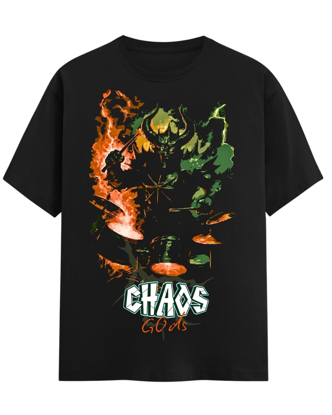 Black t-shirt with colorful graphic design and 'Chaos' text on a white background