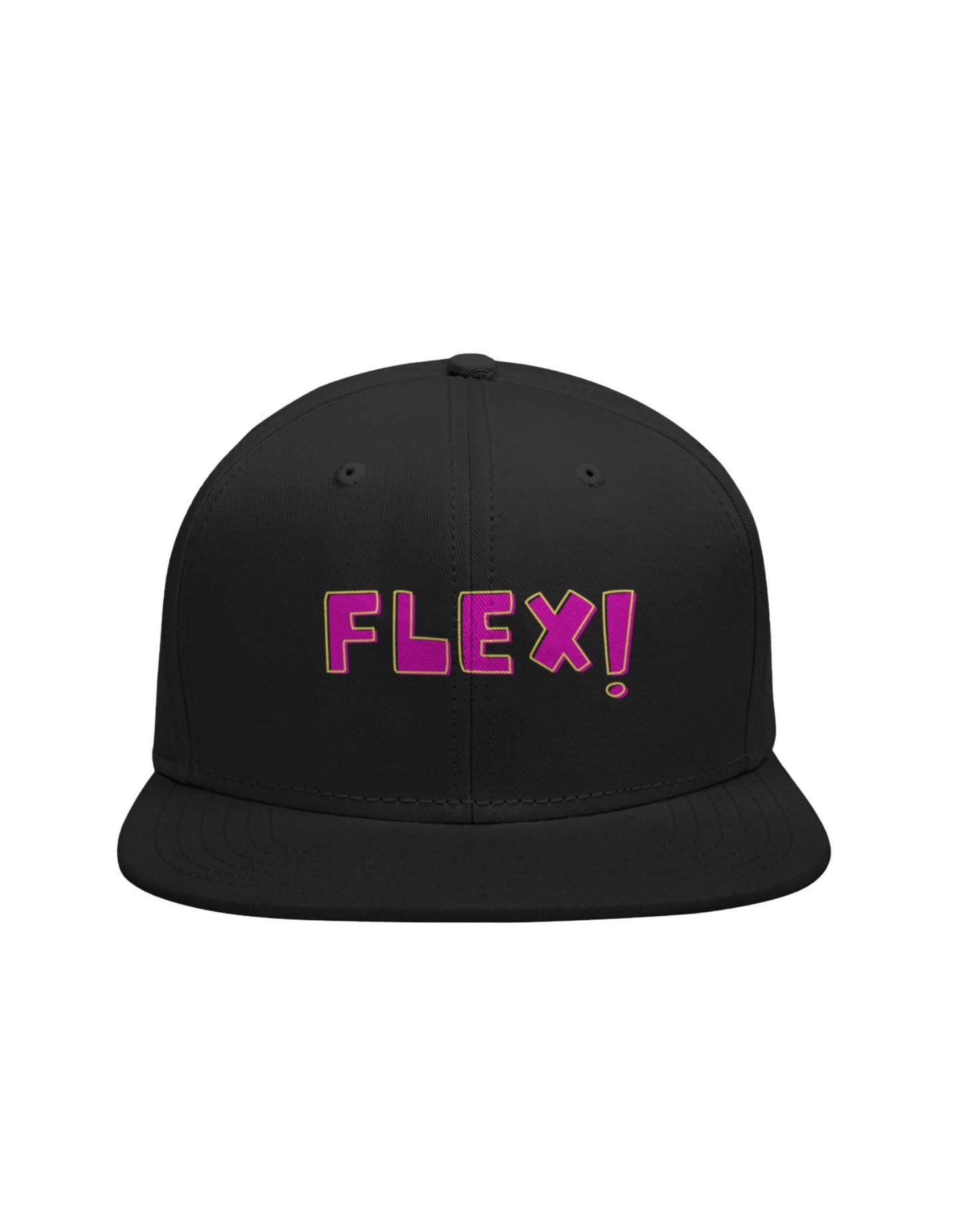 Black cap with 'FLEX!' in pink on a white background