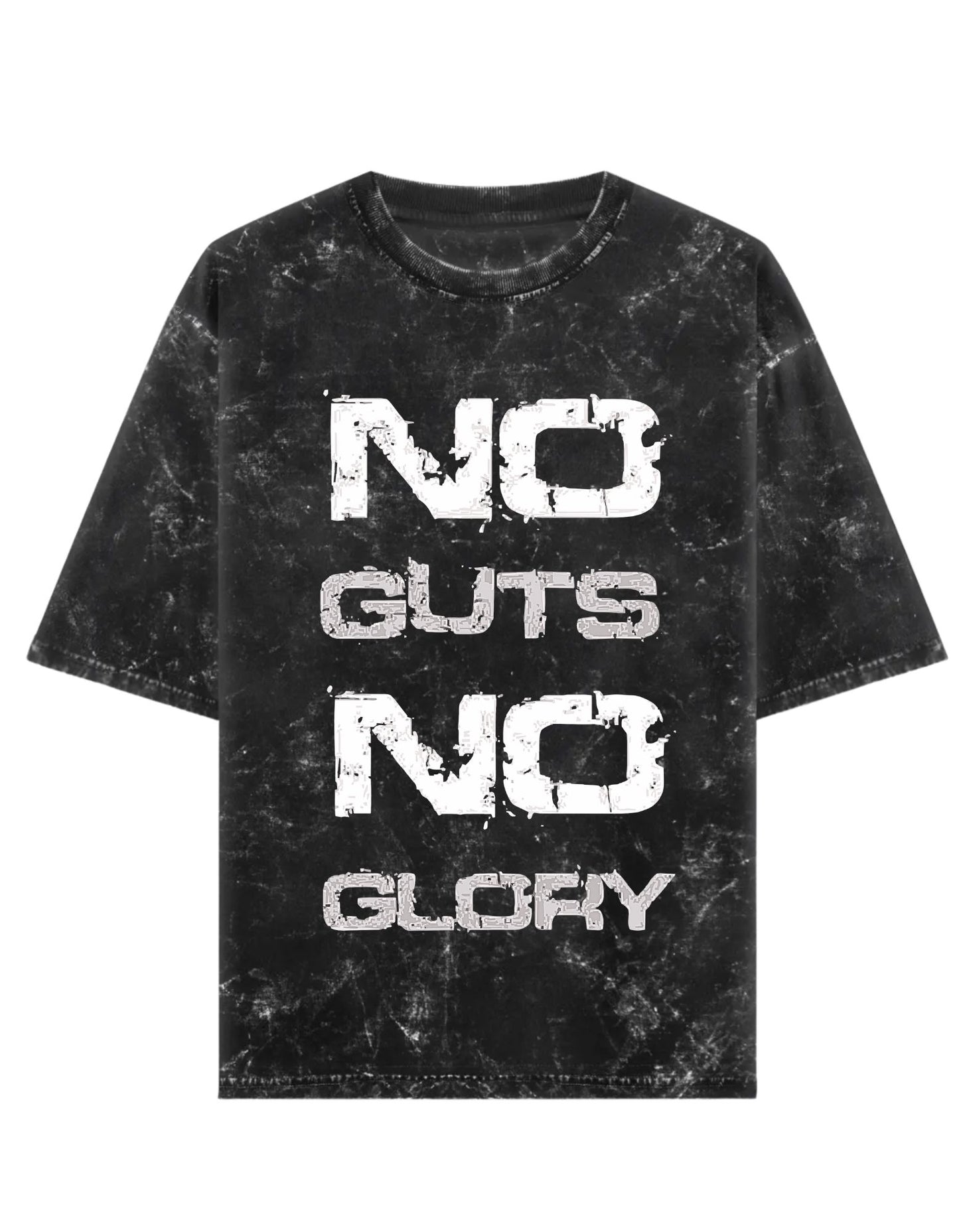 Black t-shirt with 'NO GUTS NO GLORY' text on a white background