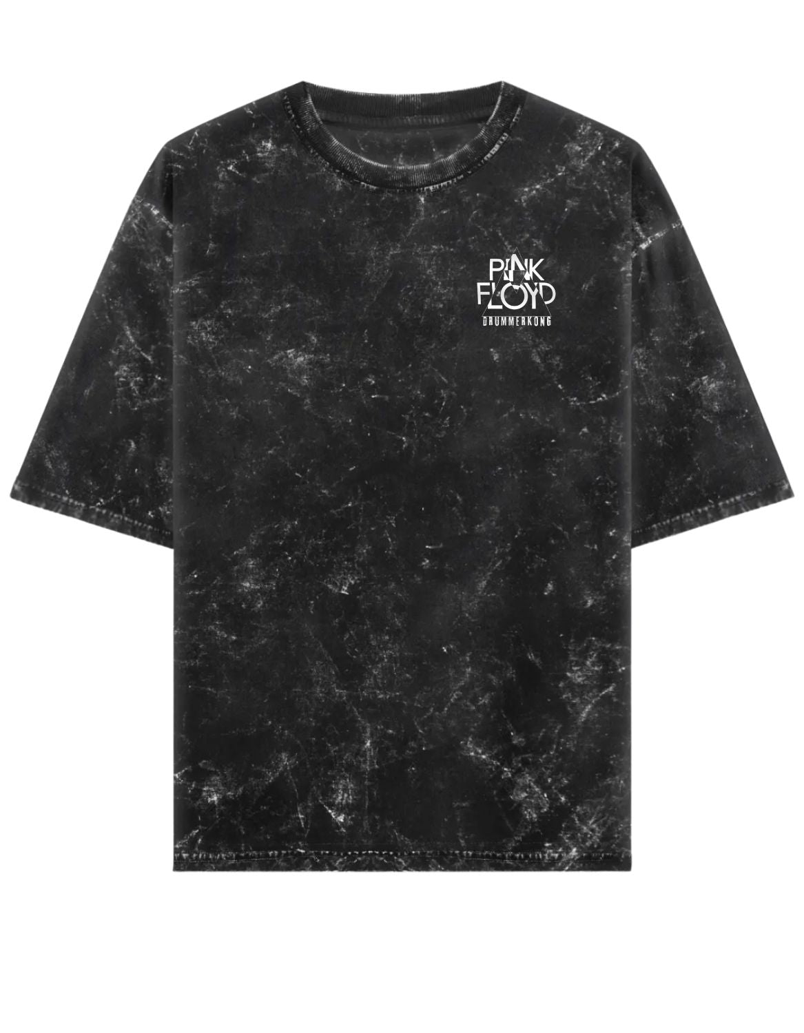 Black marbled t-shirt with Pink Floyd logo on a white background