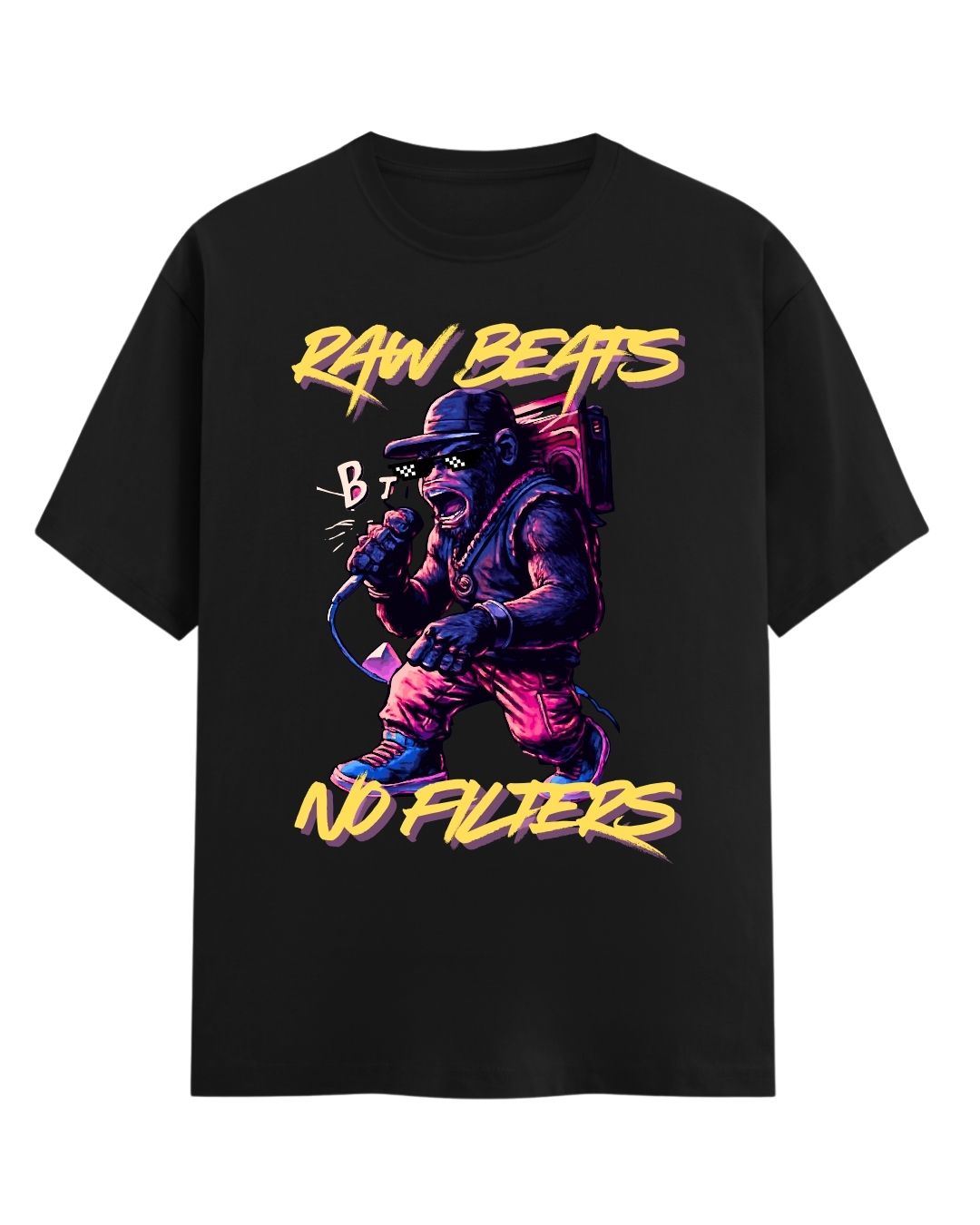 Black t-shirt with a graphic of a person in a spacesuit and text 'Raw Beats No Filters' on a white background
