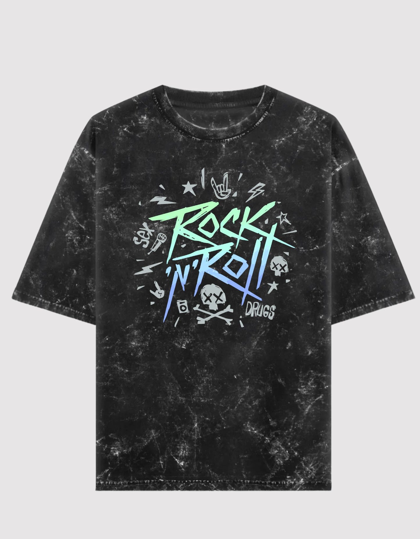Black acid washed t-shirt with 'Rock N Roll' graphic design on a white background