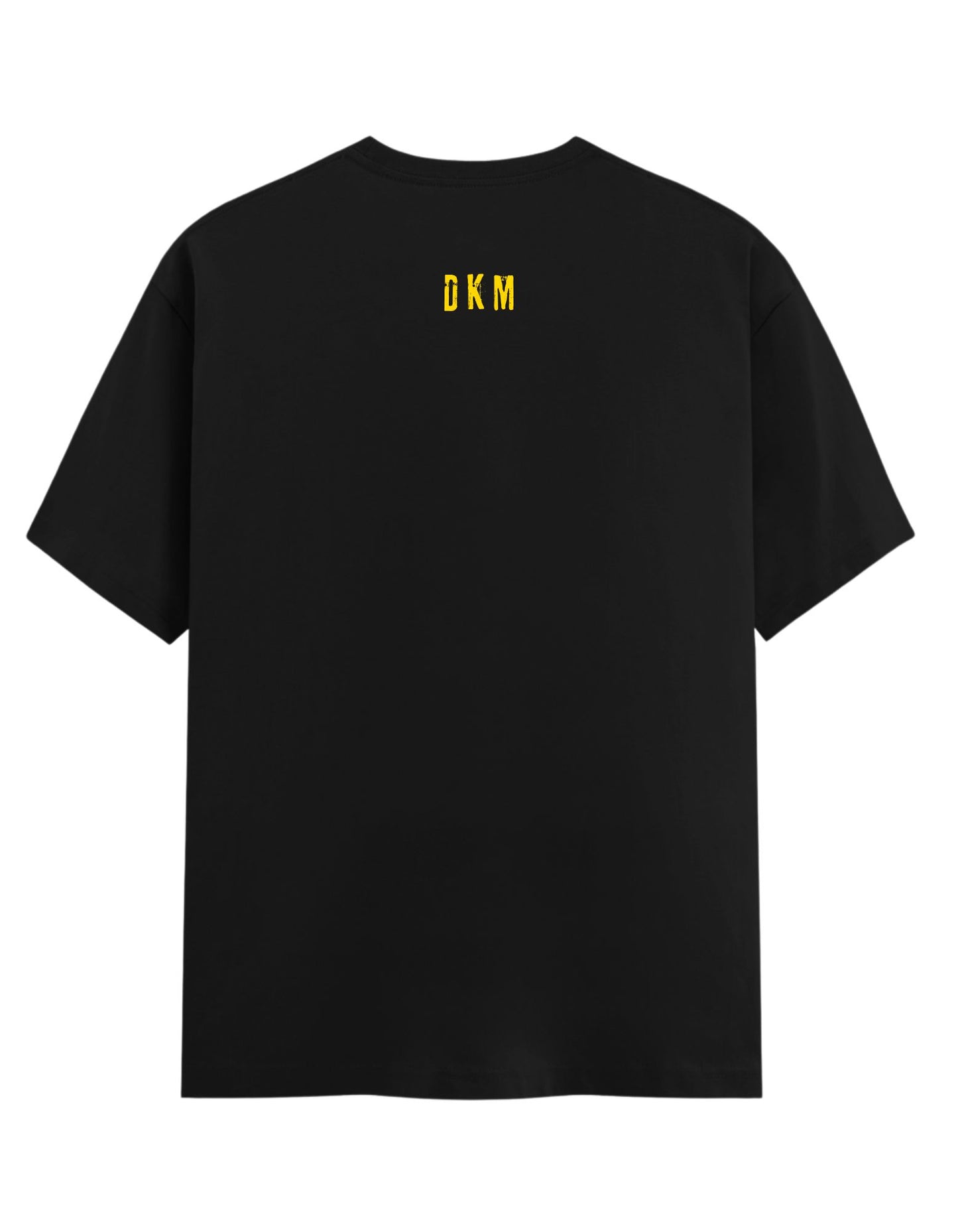 Black t-shirt with yellow logo on the back against a white background