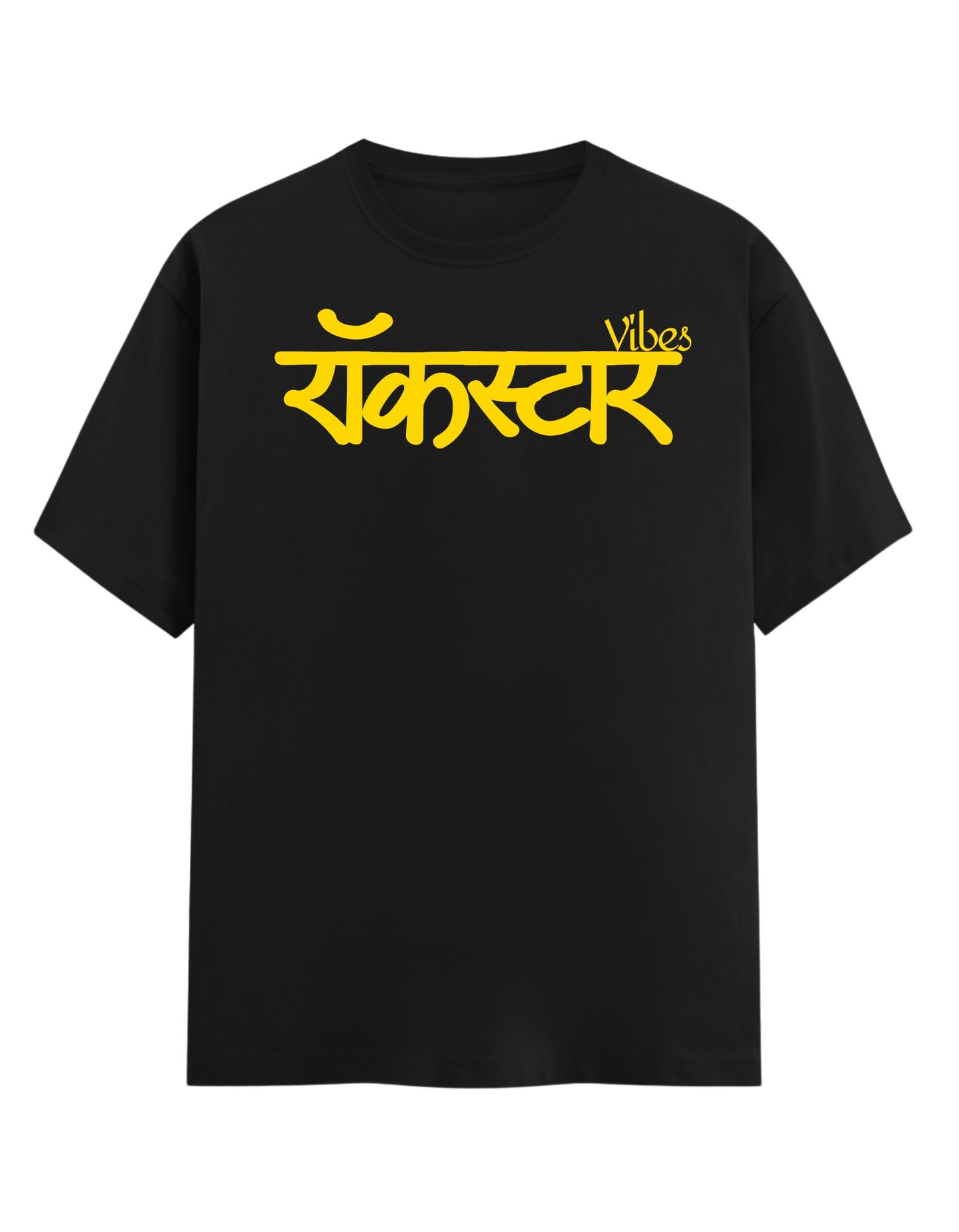 Black t-shirt with yellow text "Rockstar Vibes" on a white background