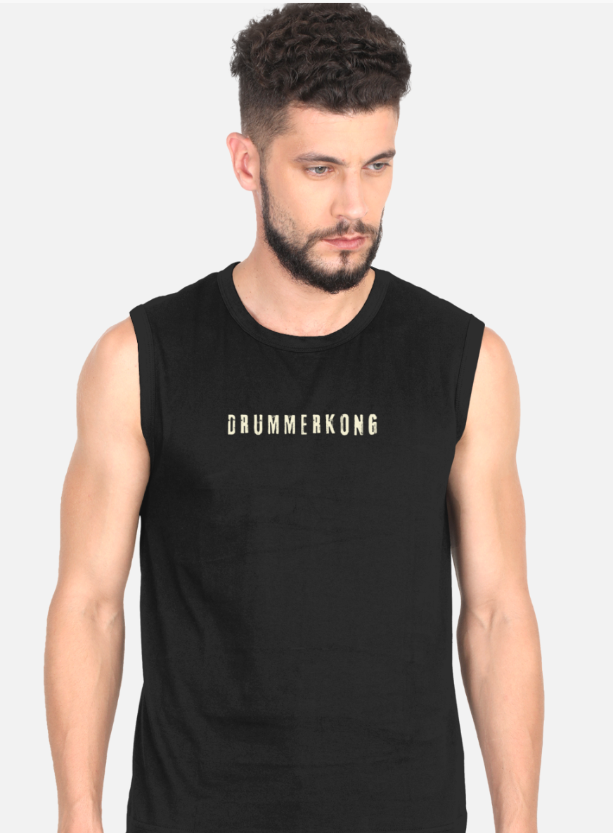 Man wearing a black sleeveless shirt with 'DRUMMERKONG' text on a white background