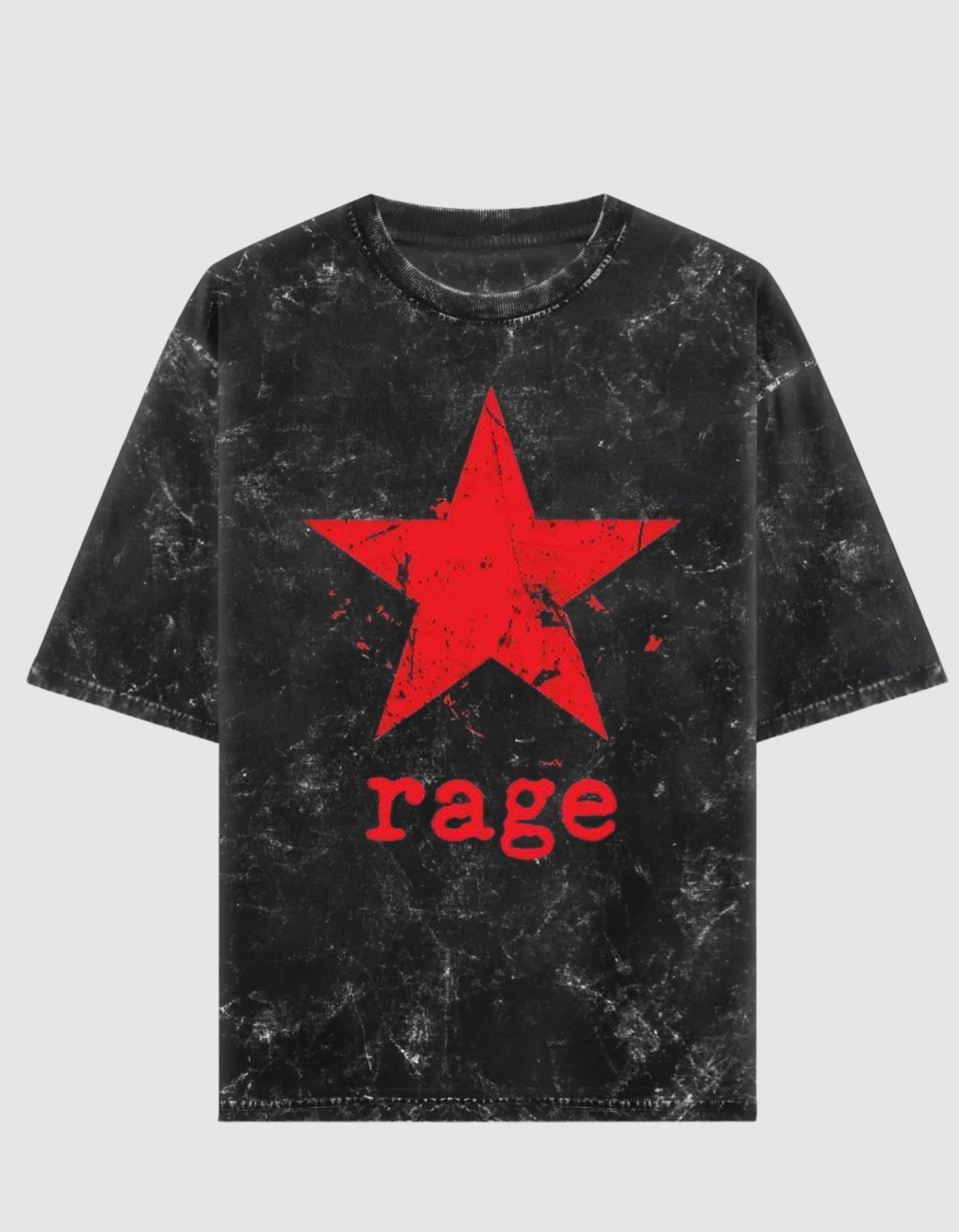 Black t-shirt with a red star and 'rage' text on a gray background