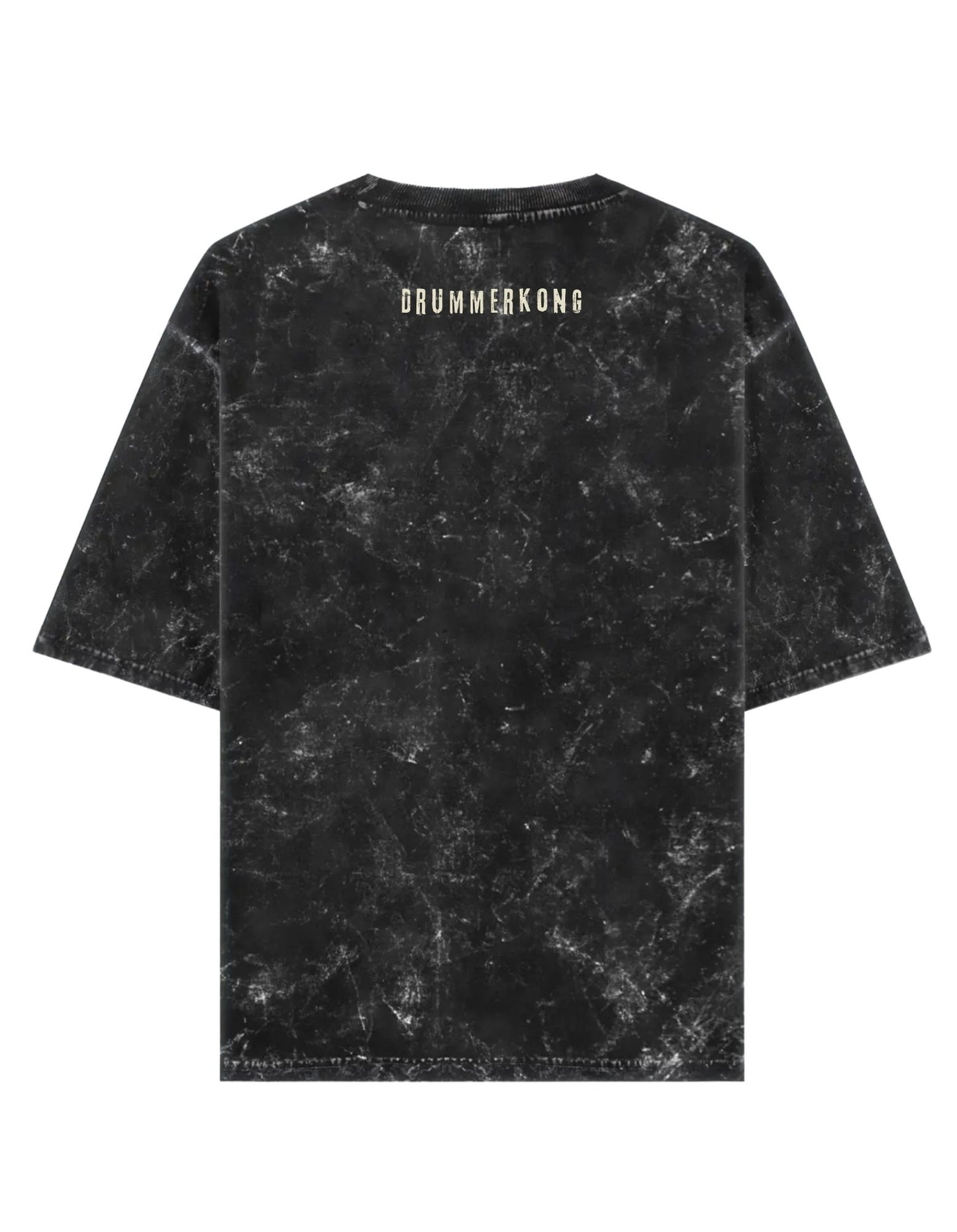 Black acid washed t-shirt with 'DRUMMERKONG' branding on a white background