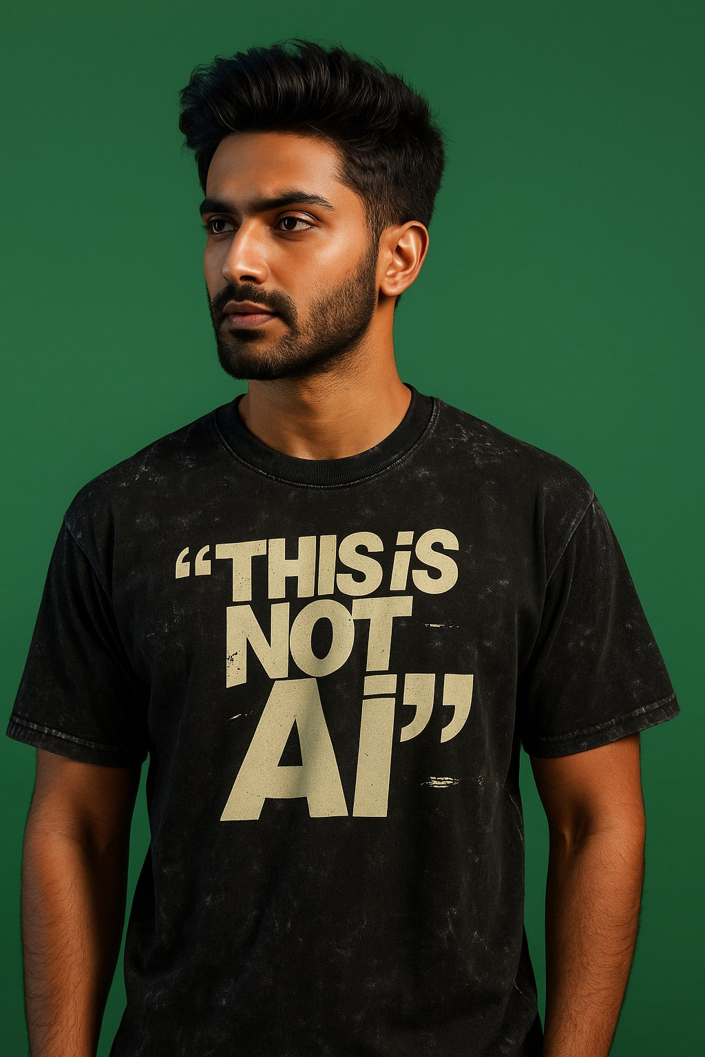 Man wearing a black t-shirt with 'THIS IS NOT AI' text on a green background