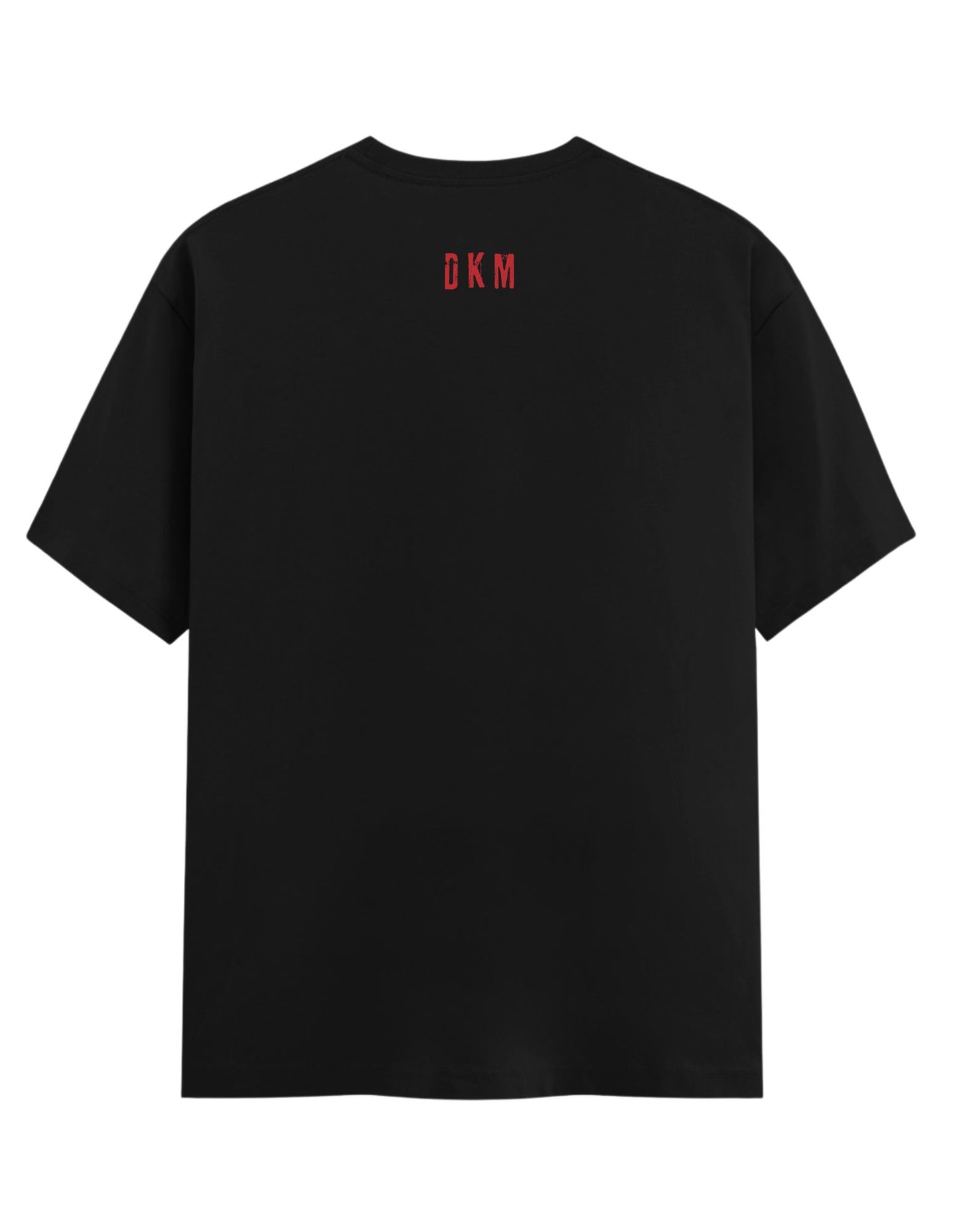 Black t-shirt with red logo on the back against a white background