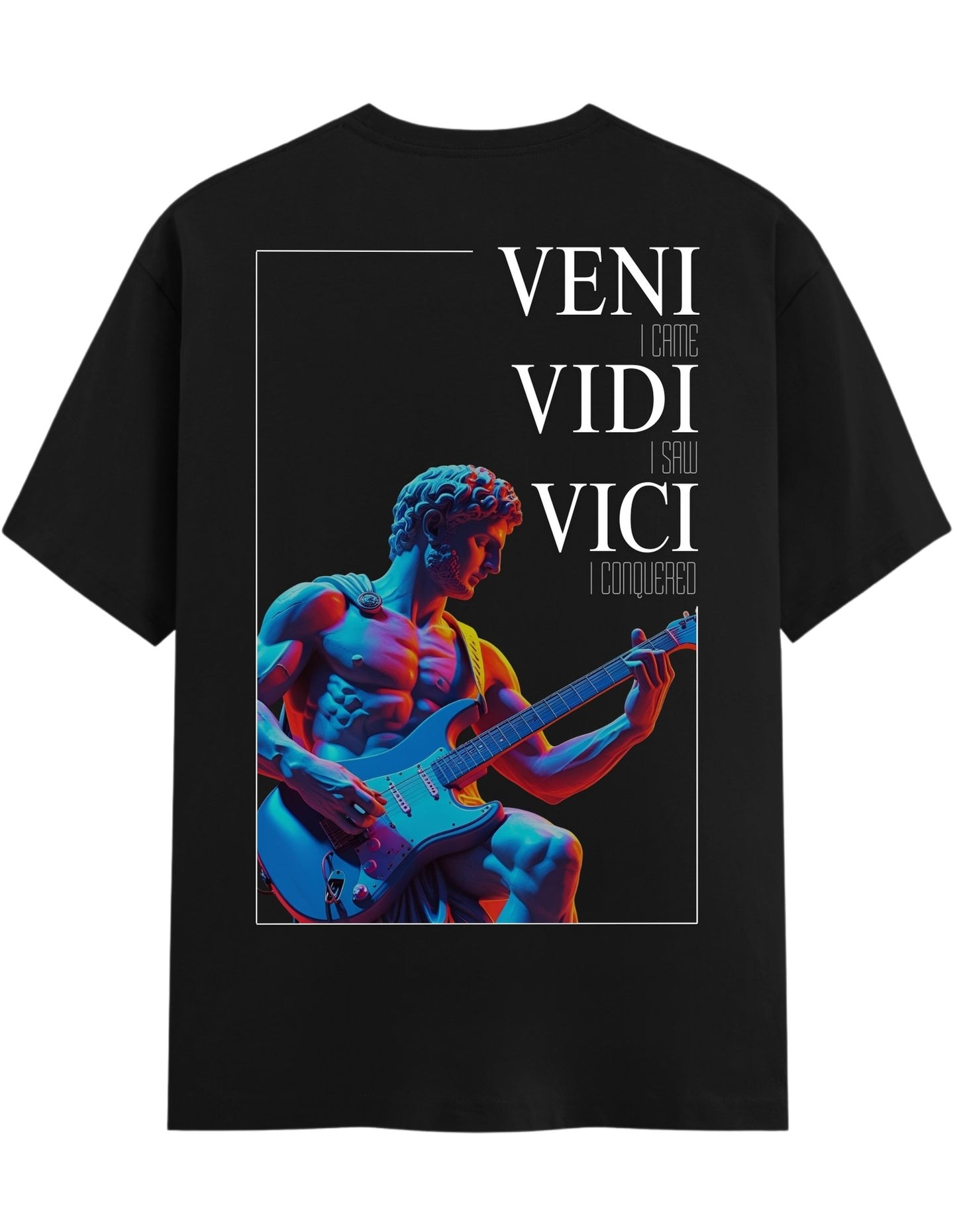Black t-shirt with a graphic of a muscular figure playing guitar and text on the back.