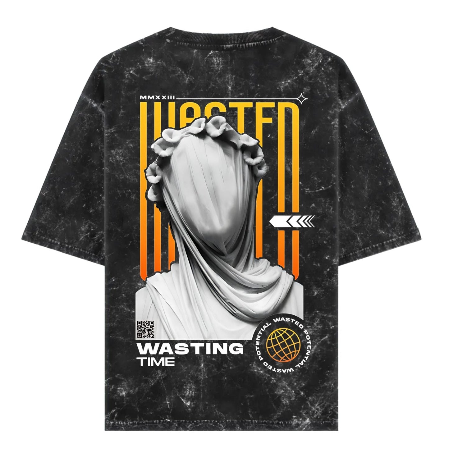 Black t-shirt with graphic design featuring a statue and text on a white background