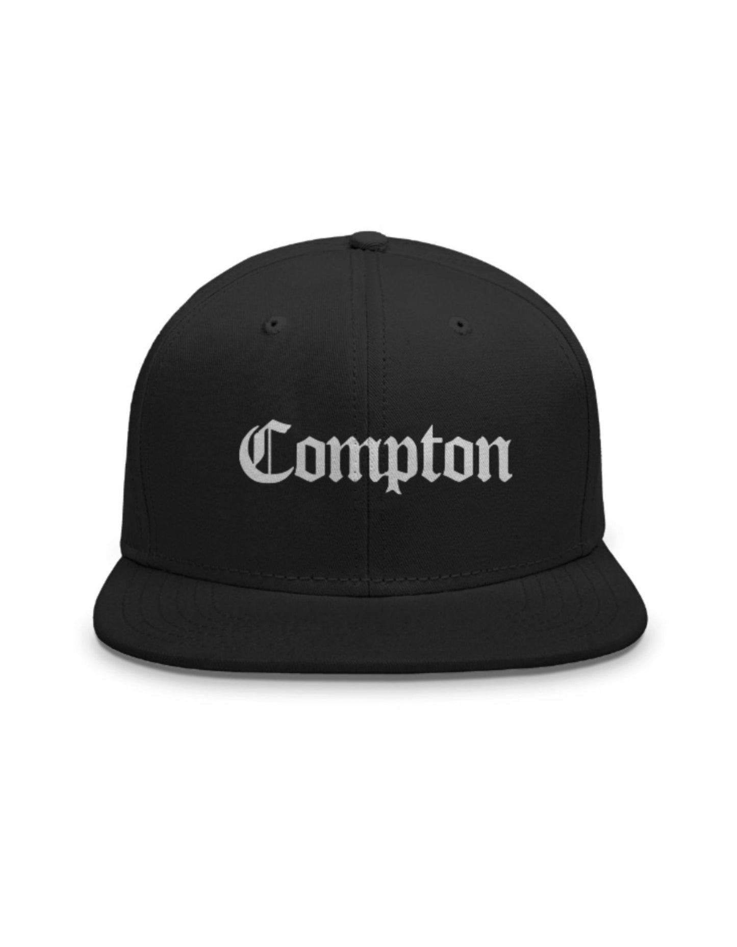 Black cap with 'Compton' text on a white background