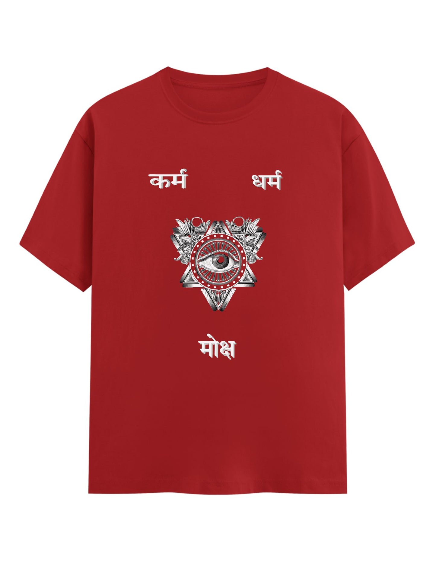 Red t-shirt with a central design and text on a white background