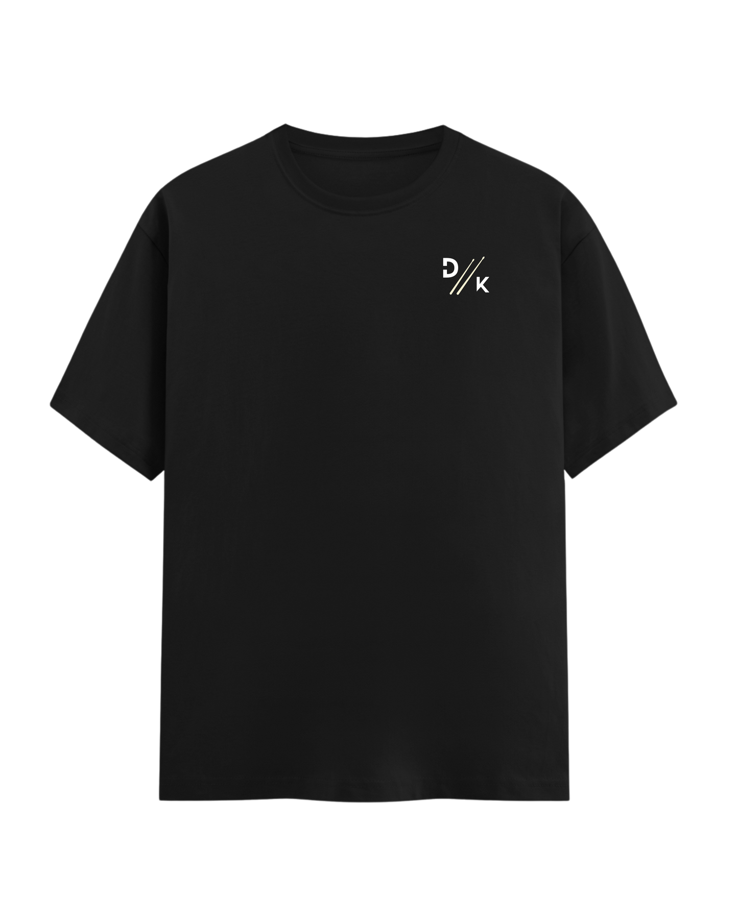 Black t-shirt with a small white logo on the chest against a white background
