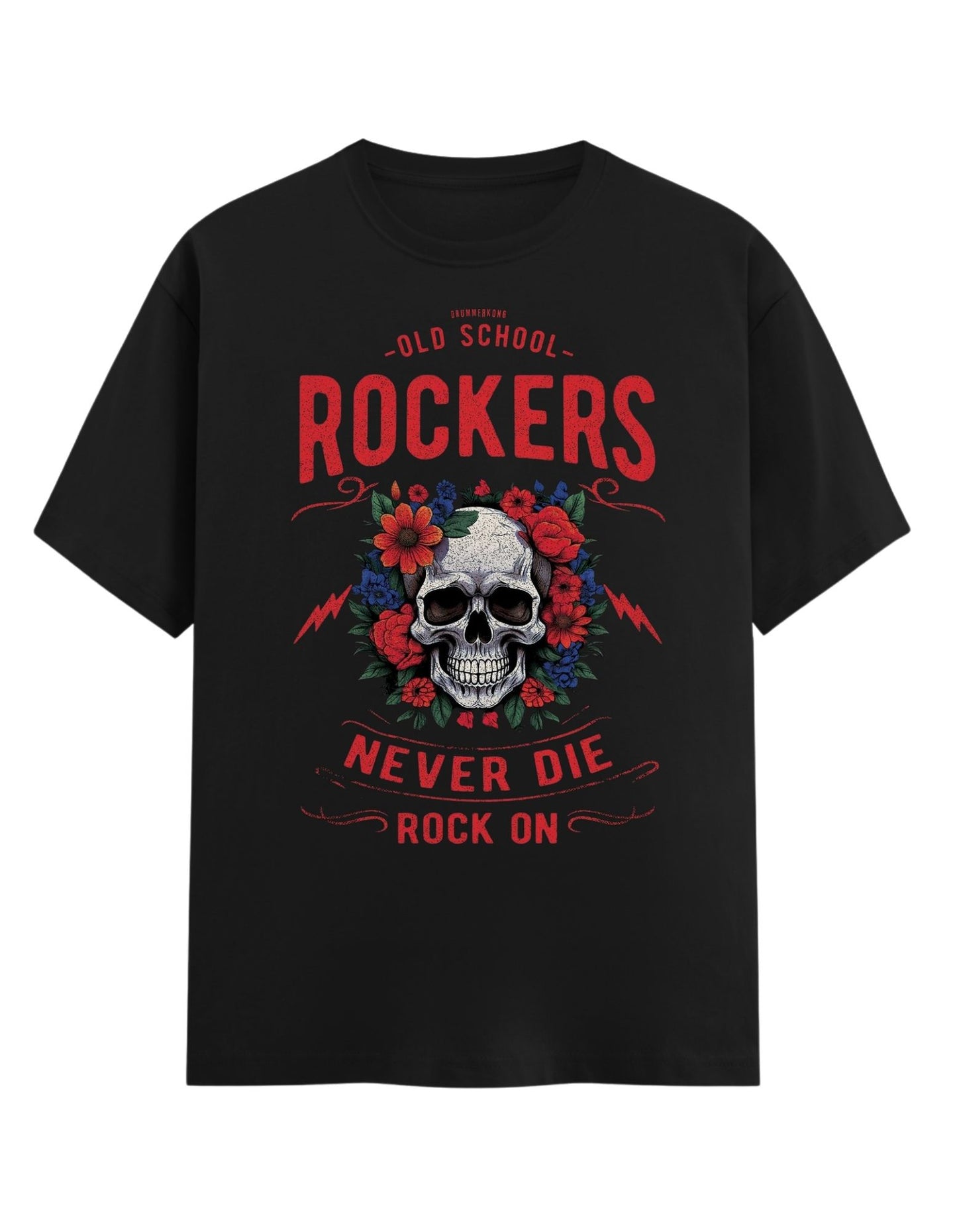 Black t-shirt with skull and floral design and text on a white background