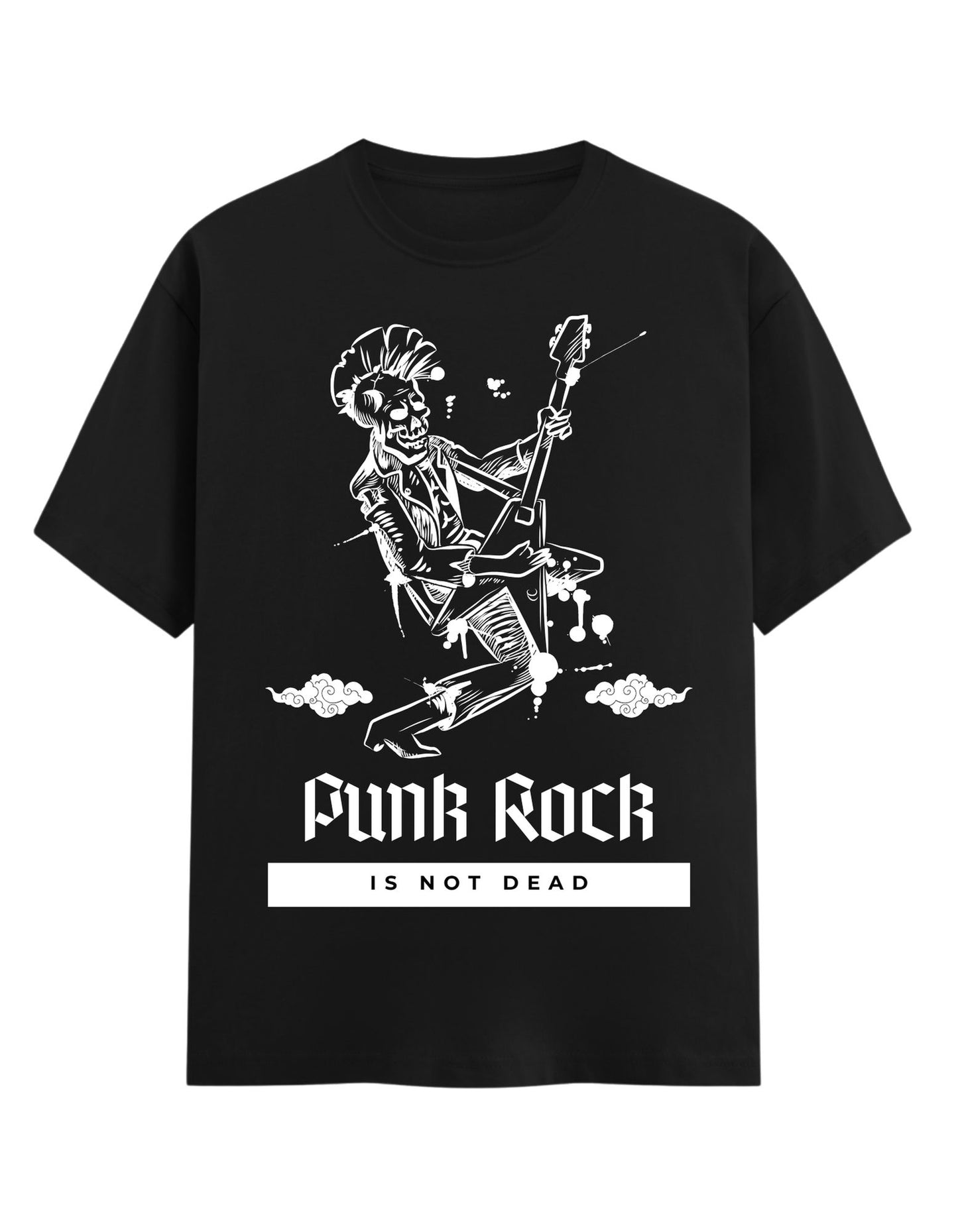 Black t-shirt with a skeleton playing guitar graphic and 'Punk Rock is Not Dead' text on a white background.