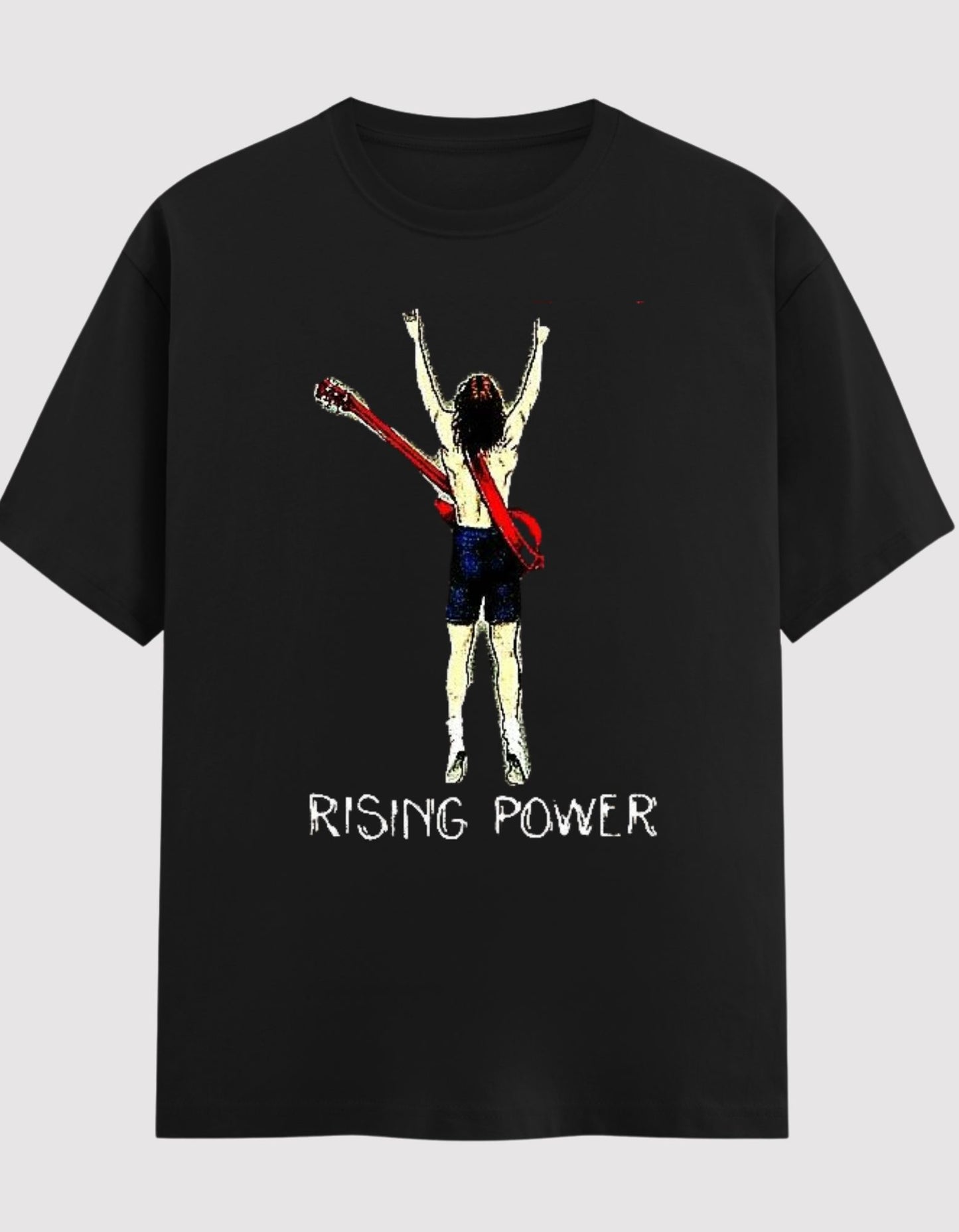 Black t-shirt with a graphic of a person with arms raised and 'Rising Power' text on a white background