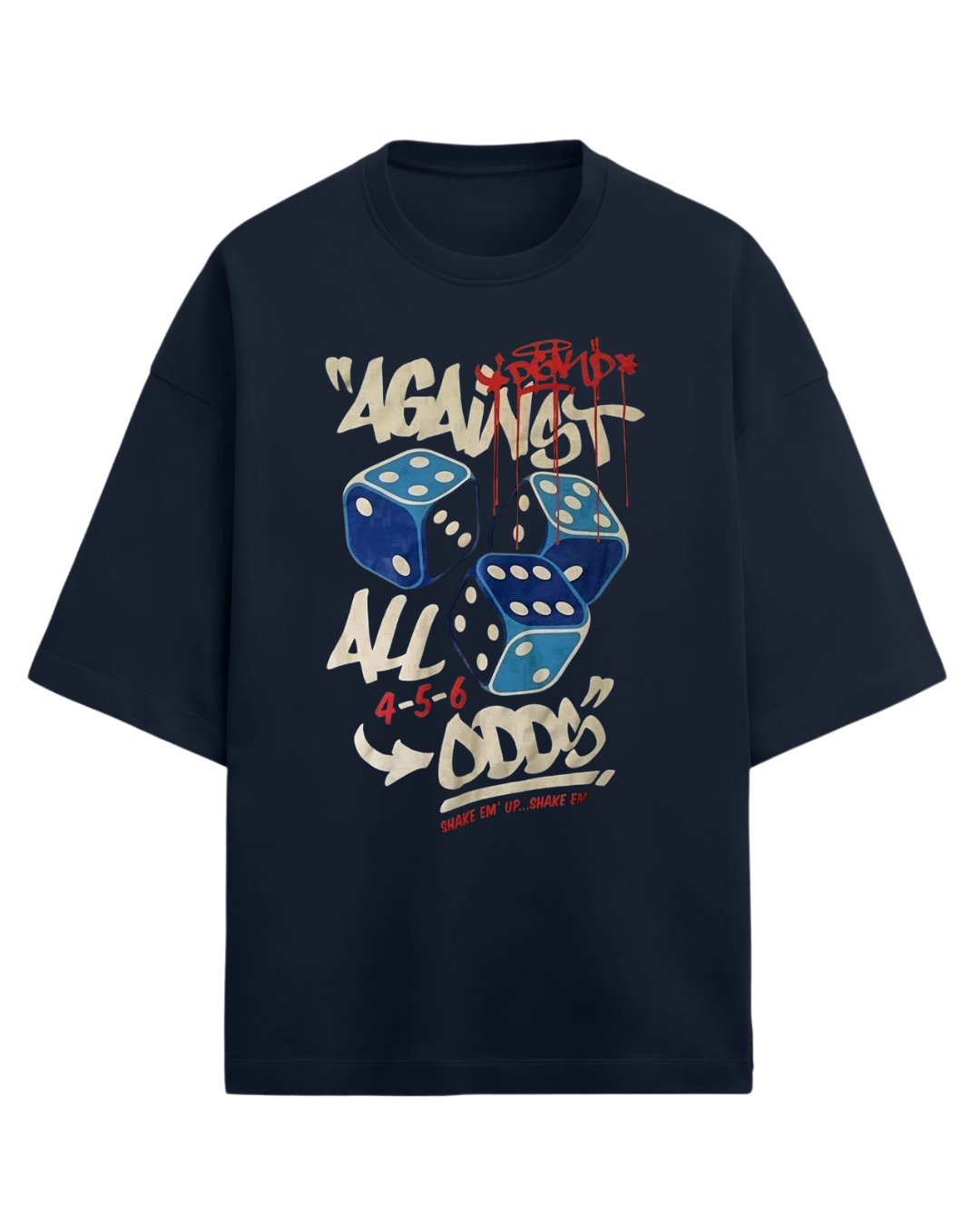 Navy blue t-shirt with dice graphic and text on a white background