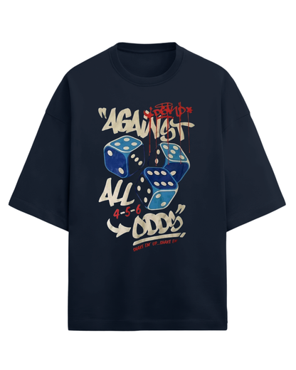 Navy blue t-shirt with dice graphic and text on a white background