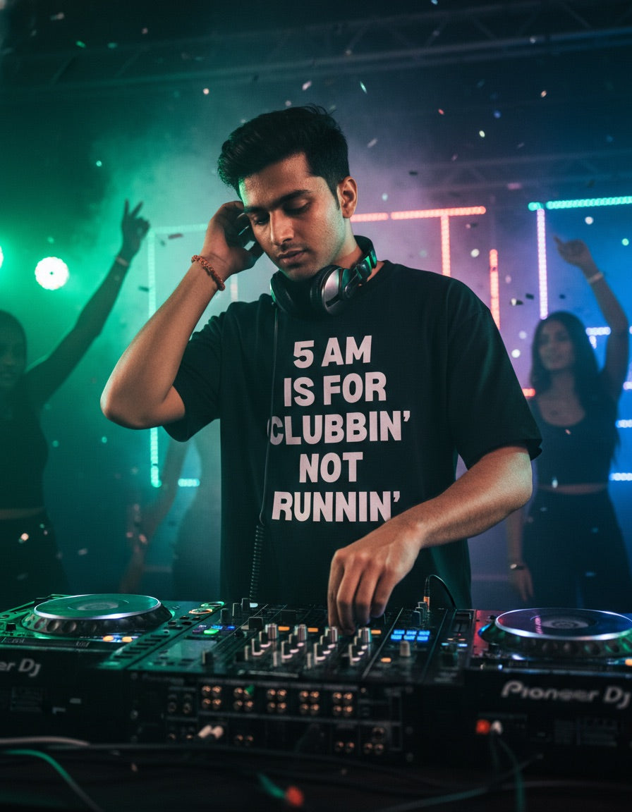 DJ operating equipment at a club with neon lights and people in the background