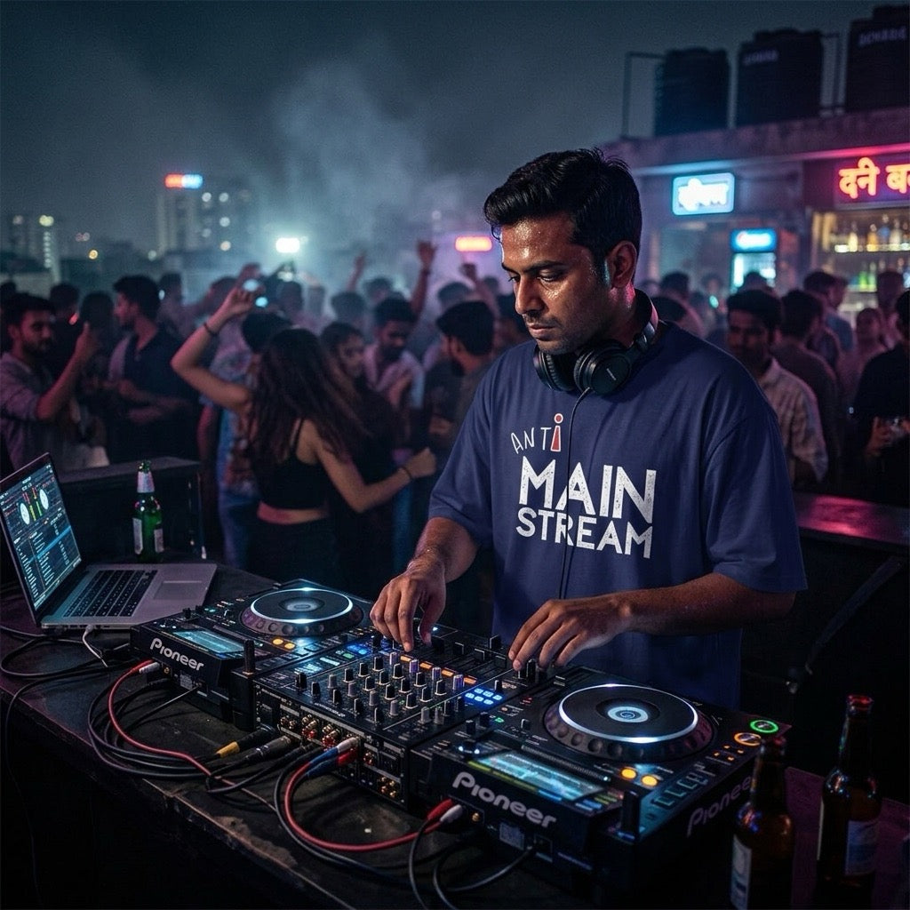 DJ at a music event wearing Anti Mainstream T-shirt with crowd and city lights in the background