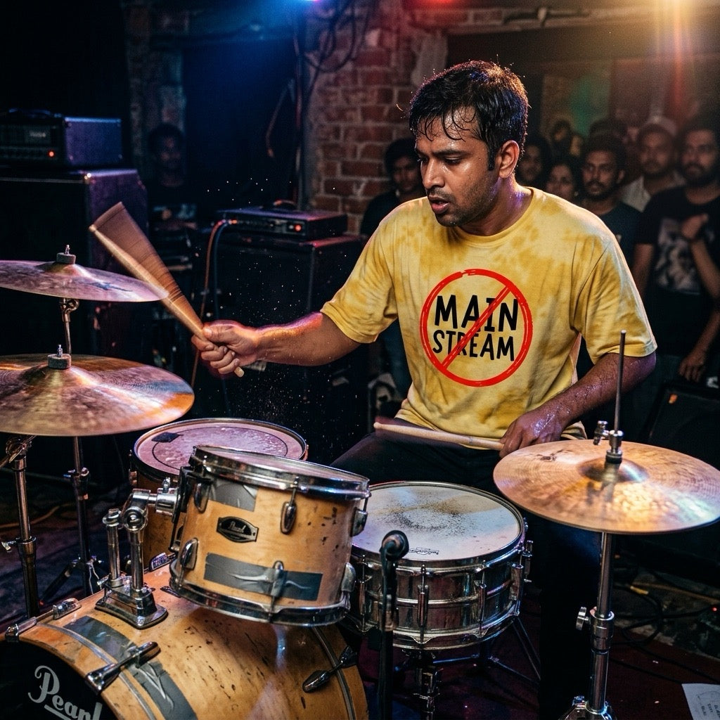 drummer playing drums with a 'Main Stream' t-shirt in a live performance