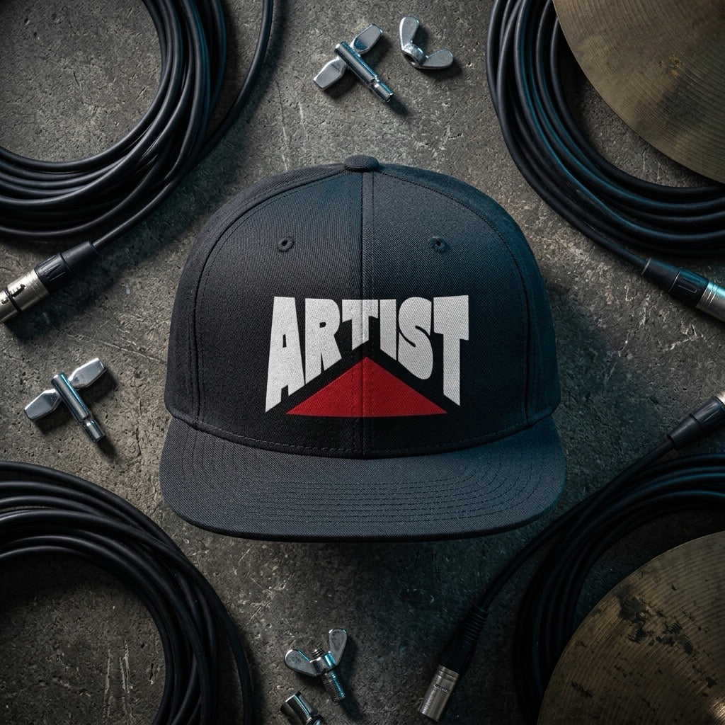 DrummerKong Merchandise Black cap with 'ARTIST' logo on a textured surface with cables and tools.