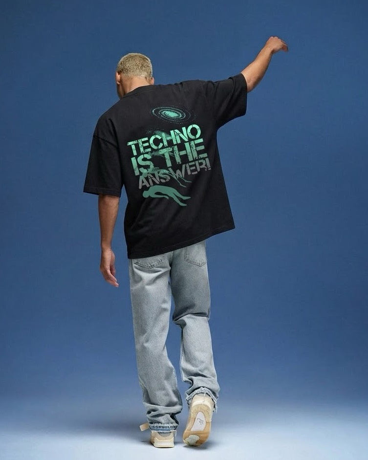 DJ wearing a Techno is the answer oversized Tshirt 