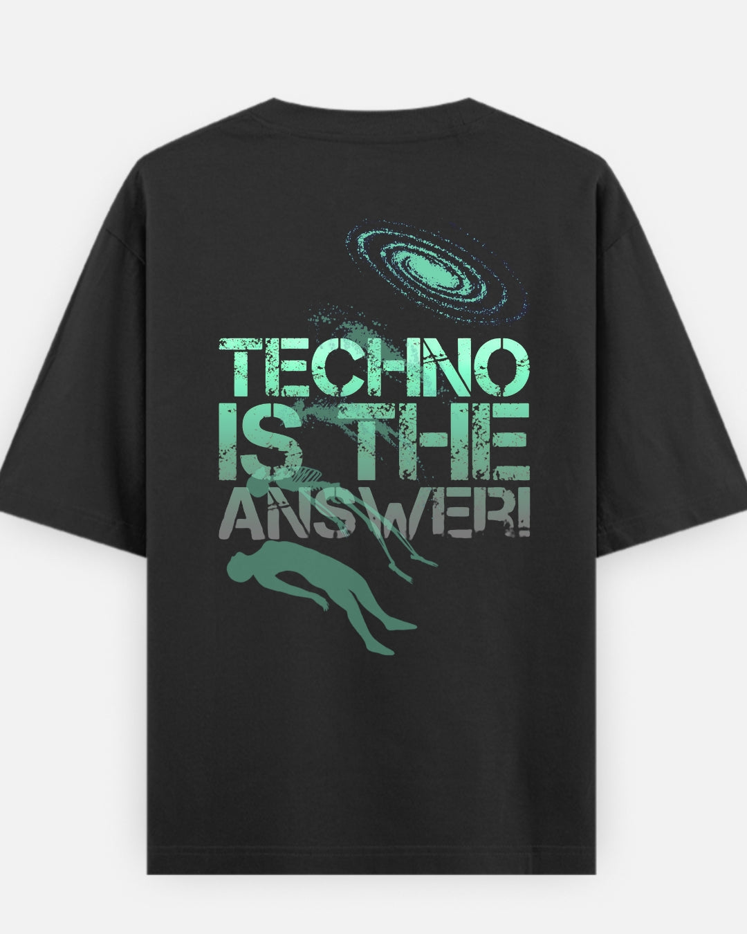 A oversized black short-sleeve t-shirt with a distressed graphic on the front reading 'TECHNO IS THE ANSWER!' in mint green and gray, featuring a teal disco ball and a green silhouette of a person.