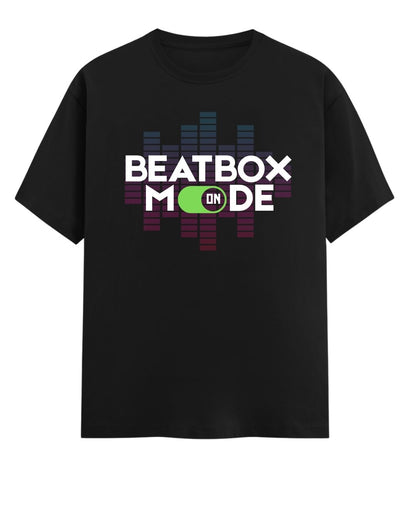 Black t-shirt with 'Beatbox Mode On' text design on a white background
