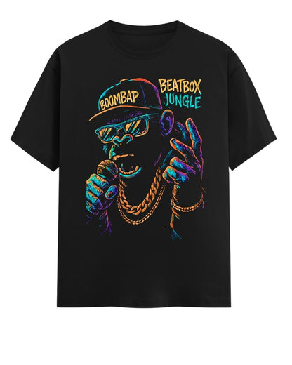 Black t-shirt with colorful graphic of a monkey wearing sunglasses and a 'Beatbox Jungle' cap on a white background.