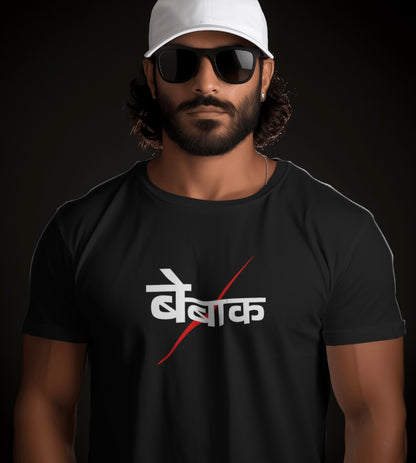 Man wearing a black t-shirt with a logo and text, white cap, and sunglasses on a dark background