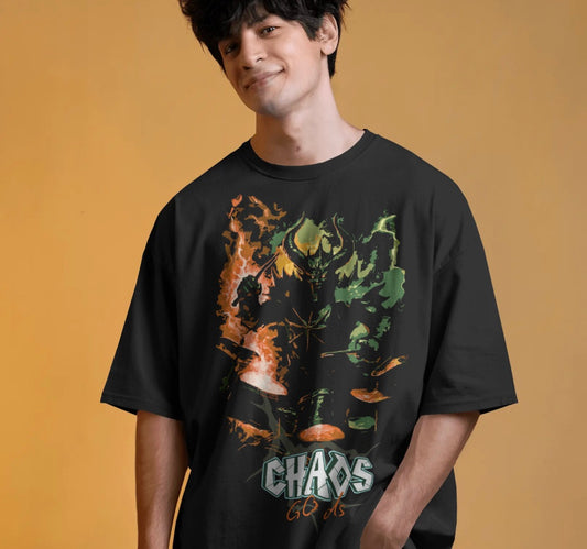 Person wearing a black t-shirt with a graphic design and 'CHAOS' text on a beige background
