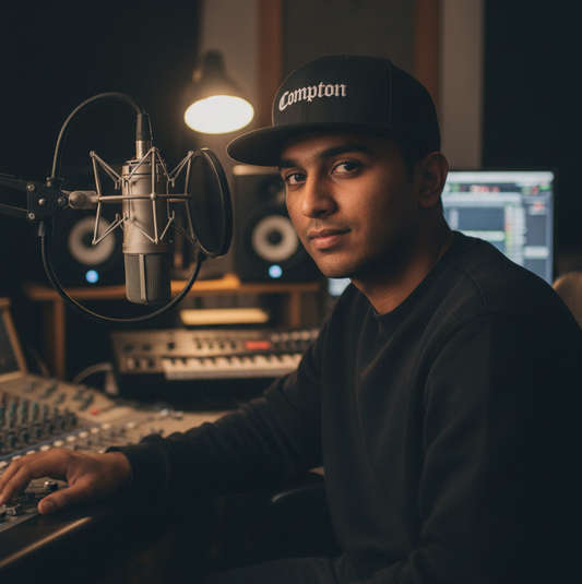 Person in a recording studio with audio equipment and a computer screen.