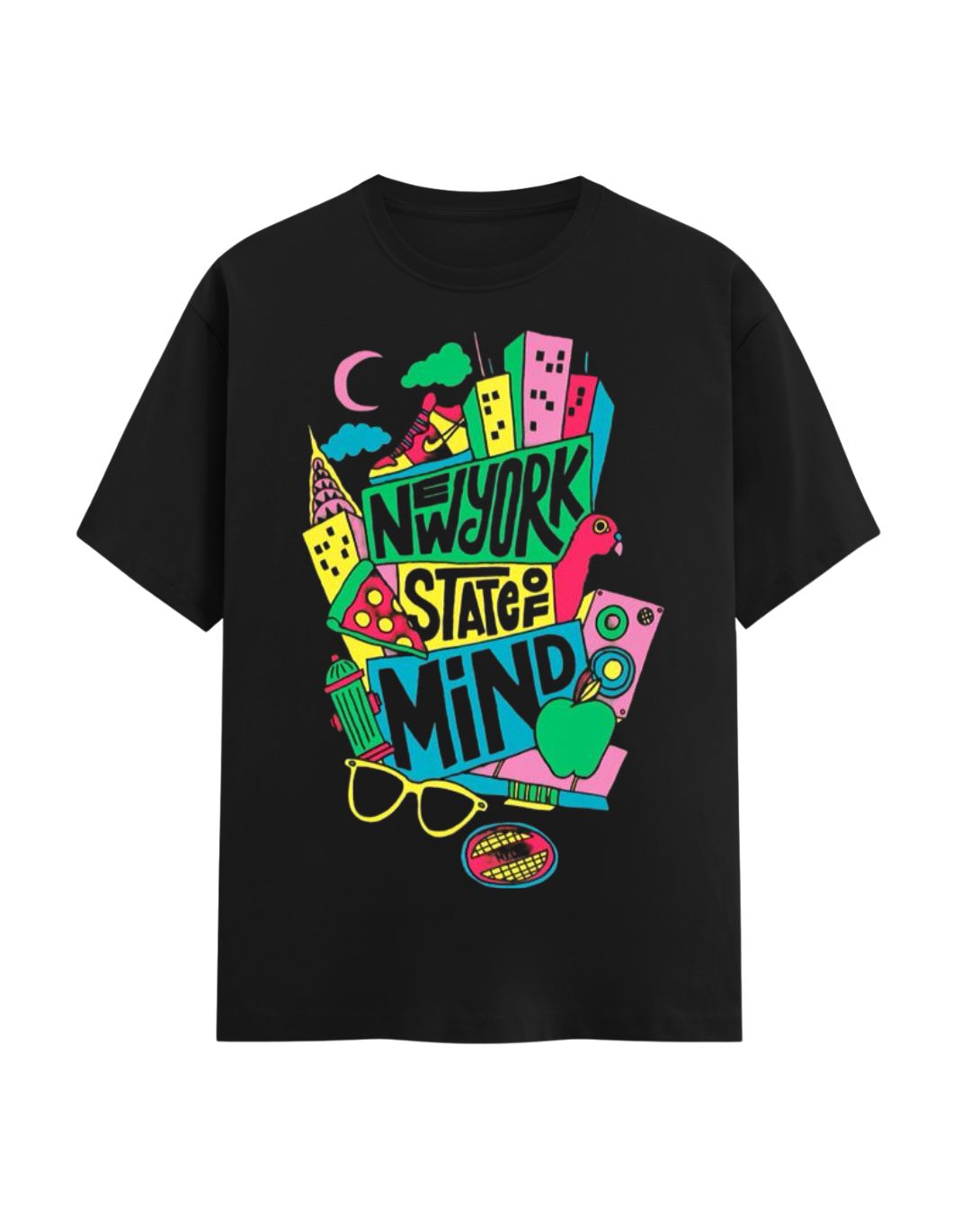 Black t-shirt with colorful 'New York State of Mind' graphic design on a white background