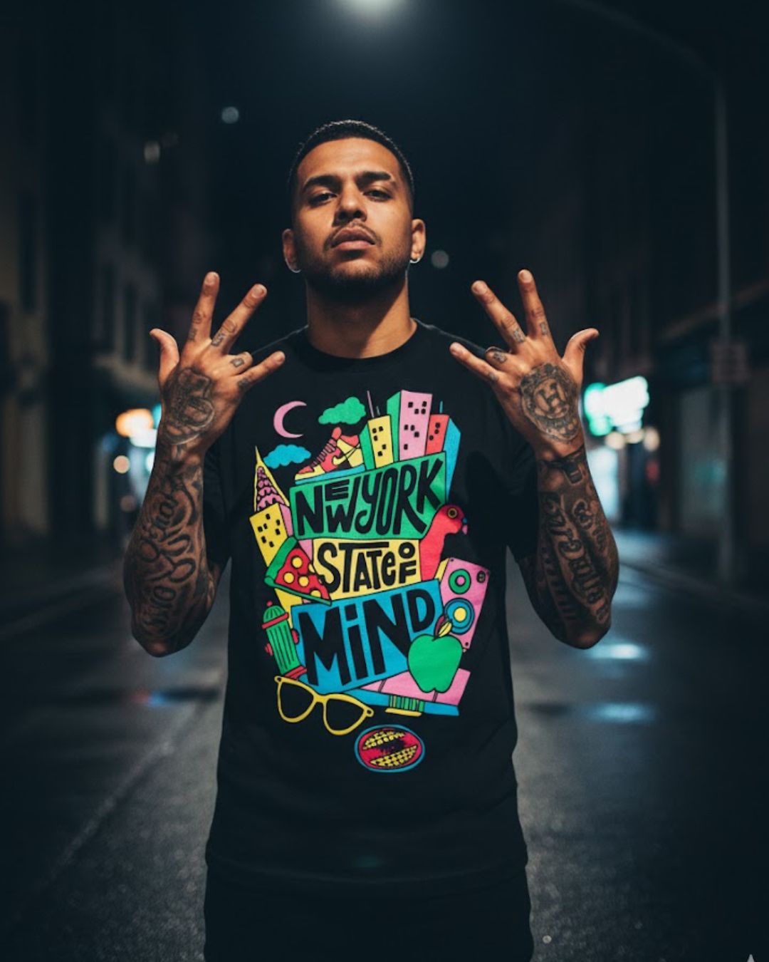 Person wearing a black t-shirt with colorful graphics and text on a dark street at night.