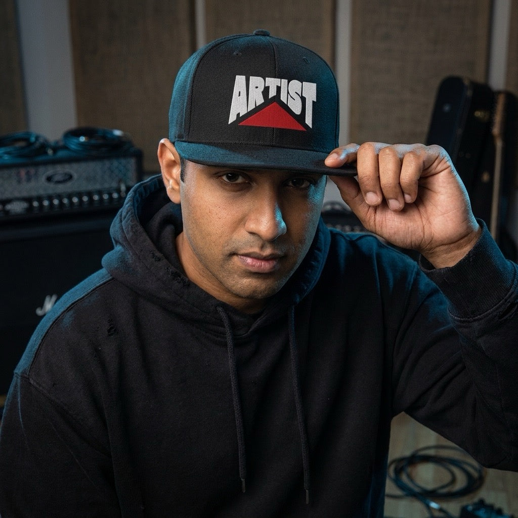 Musician wearing DrummerKong Merchandise's black cap with 'ARTIST' printed on it, in a room with musical equipment.