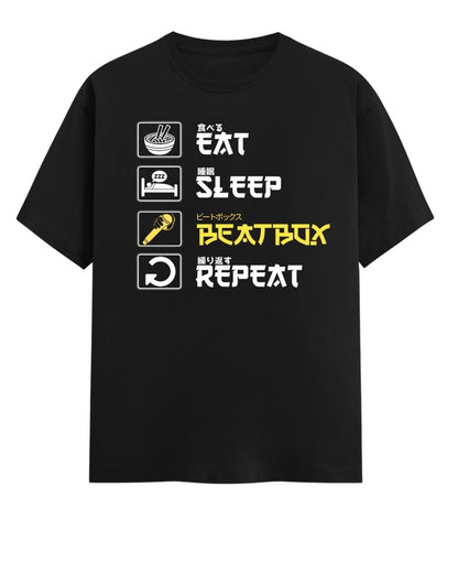 Black t-shirt with white and yellow text and graphics on a white background