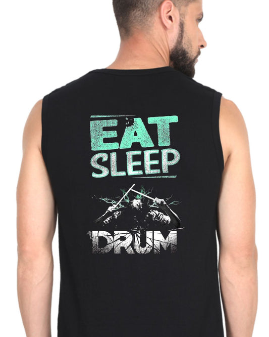 Black sleeveless shirt with 'Eat Sleep Drum' text and drum graphic on a white background