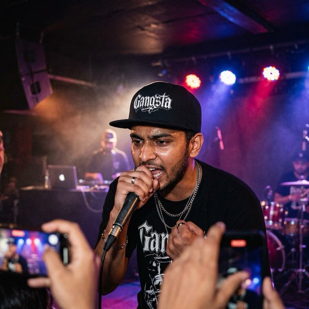 rapper singing into a microphone with 'Gangsta' cap at a concert with stage lights and audience.